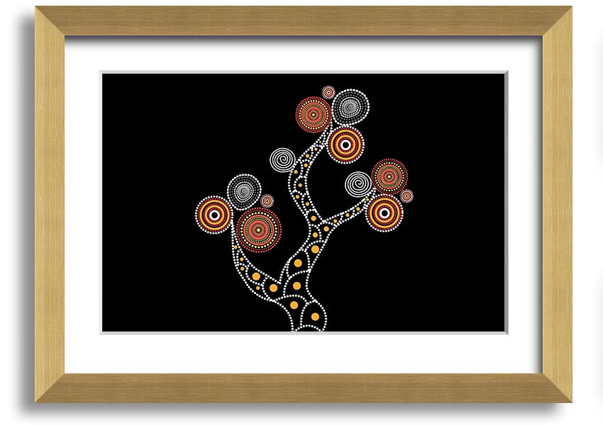 Framed Aboriginal Tree 1 print showcasing vibrant colors and intricate patterns, ready to hang.